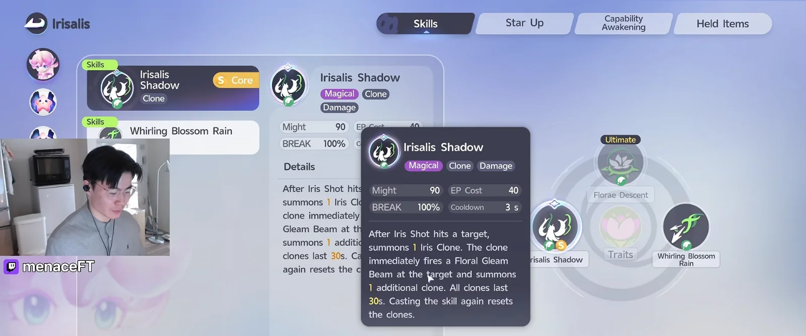Aniimo Irisalis Shadow skill card, Might 90, EP Cost 40, BREAK 100%, Cooldown 3 s, summoning Iris Clones that last 30s