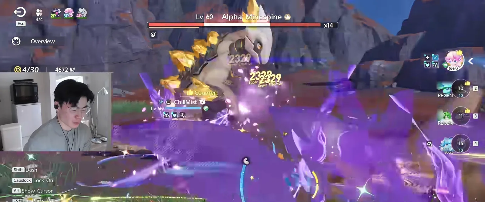 Aniimo Irisalis fighting a Lv.60 Alpha Minespine in Holo-Battle Interlink, break bar x14, party HUD showing REGEN 10, REGEN 11 and Damage Boost 15