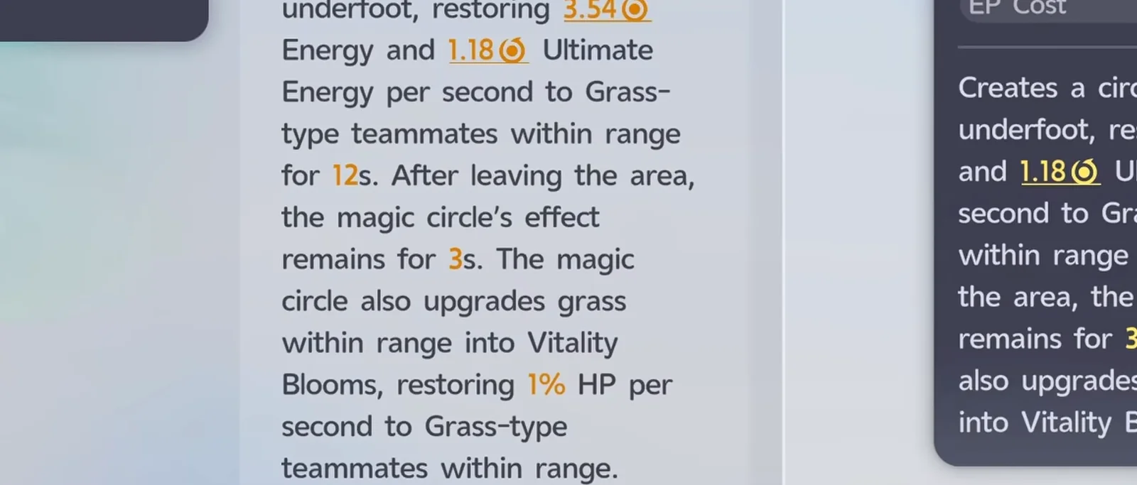 Aniimo Leafy Vitality Blooms Core Skill card, EP Cost 10, Cooldown 20 s, restoring 3.54 Energy and 1.18 Ultimate Energy per second to Grass-type teammates