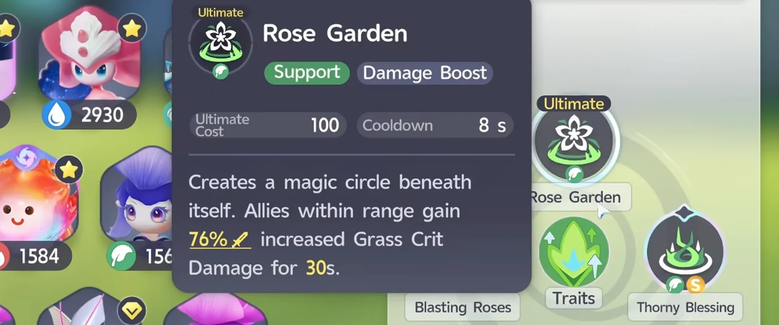 Aniimo Melloblum Rose Garden ultimate, Ultimate Cost 100, Cooldown 8 s, allies in range gain 76% increased Grass Crit Damage for 30s