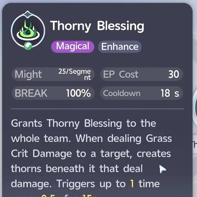 Aniimo Melloblum Thorny Blessing Core Skill card, Magical Enhance, Might 25 per Segment, EP Cost 30, Cooldown 18 s, thorns on Grass Crit Damage