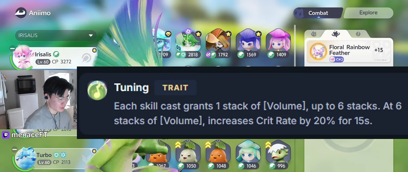 Aniimo Pomawk Tuning trait: each skill cast grants 1 stack of Volume, up to 6, and 6 stacks raise Crit Rate by 20% for 15s