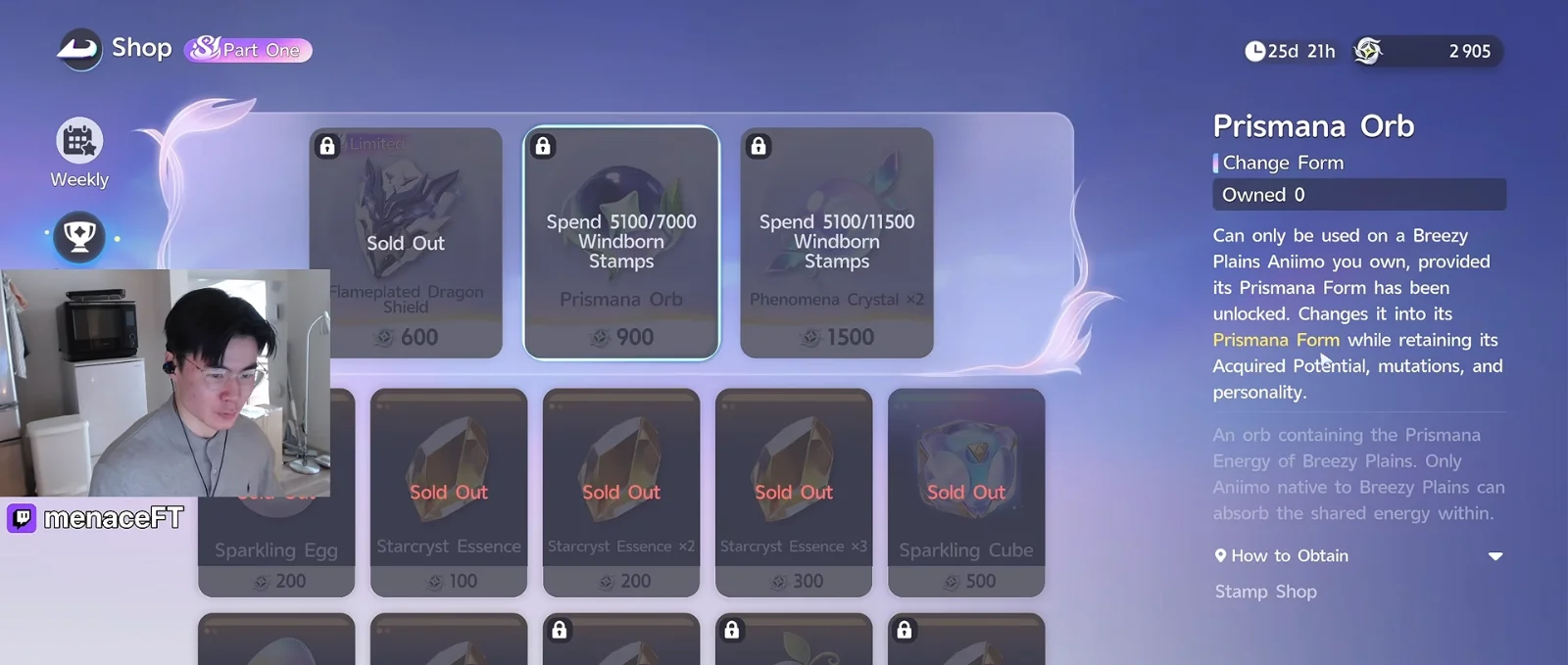 Aniimo Stamp Shop Part One with the Prismana Orb Change Form card at 900 stamps, unlocked after spending 7000 Windborn Stamps, beside Phenomena Crystal and Sparkling Cube