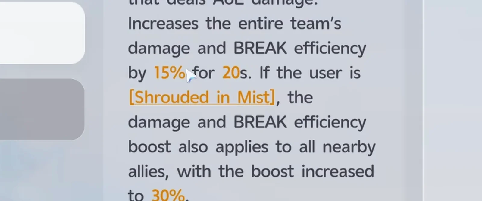 Aniimo Turbo Nimbi Burst skill text: team damage and BREAK efficiency up 15% for 20s, raised to 30% when the user is Shrouded in Mist