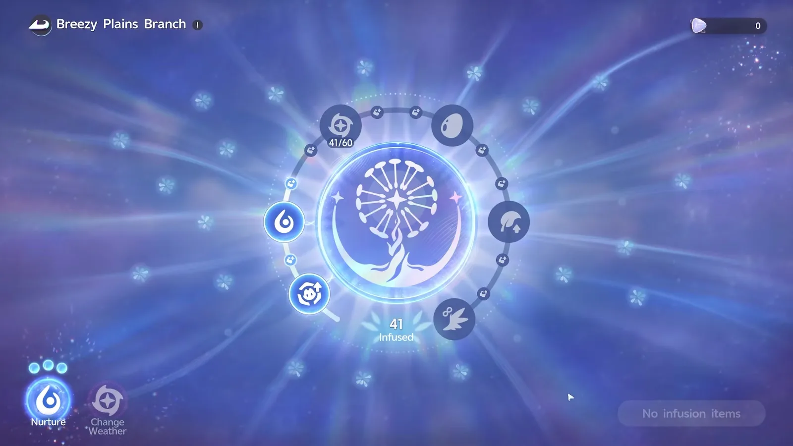 Aniimo Breezy Plains Branch screen at 41 Infused, next node at 41/60, Nurture and Change Weather buttons, No infusion items