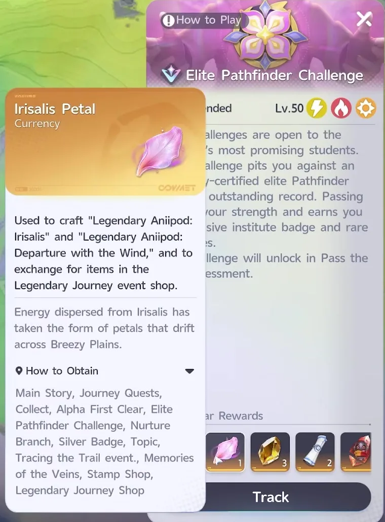 Aniimo map panel for an Elite Pathfinder Challenge, recommended Lv.50, with the Irisalis Petal tooltip over its First Clear Rewards, 1 petal first