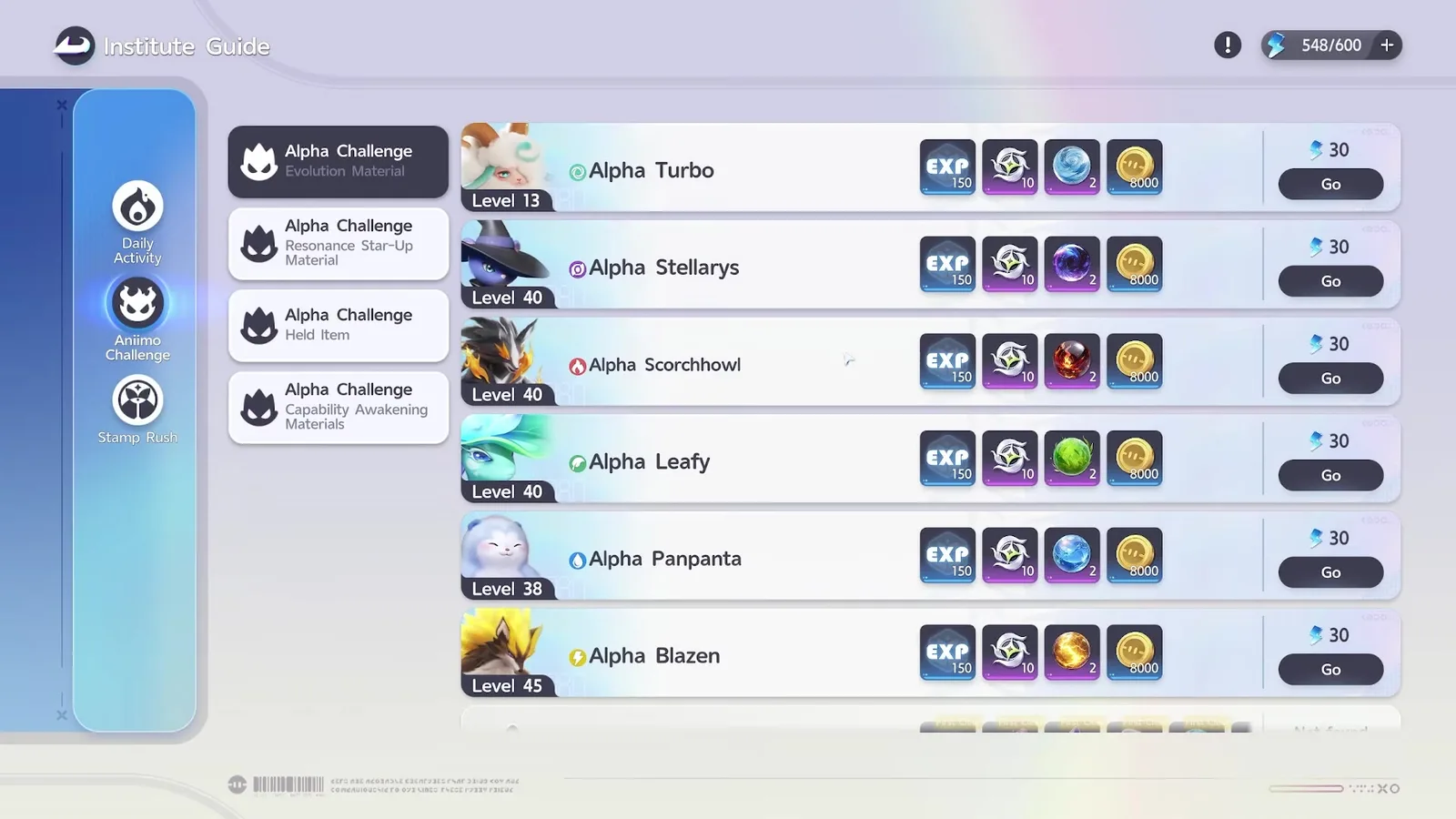 Aniimo Institute Guide, Alpha Challenge list: Alpha Turbo level 13, Alpha Stellarys 40, Alpha Scorchhowl 40, Alpha Leafy 40, Alpha Panpanta 38, Alpha Blazen 45, 30 energy each