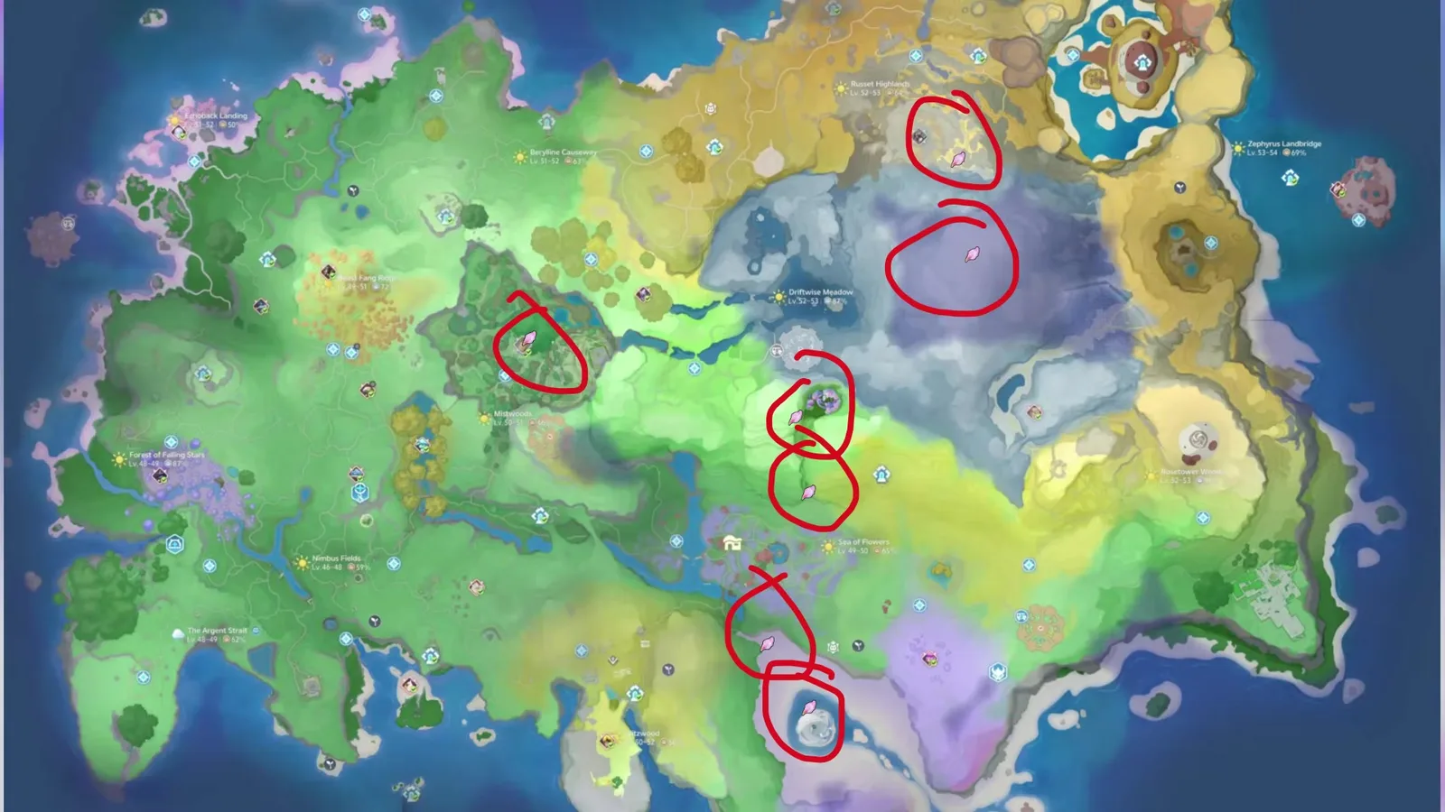 Aniimo Breezy Plains world map with petal markers circled in red near Mistwoods, Russet Highlands, Driftwise Meadow, Sea of Flowers and the south coast