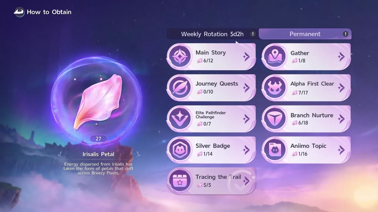 Aniimo How to Obtain panel for the Irisalis Petal, Permanent tab: Main Story 6/12, Gather 1/8, Journey Quests 0/10, Alpha First Clear 7/17, Tracing the Trail 5/5