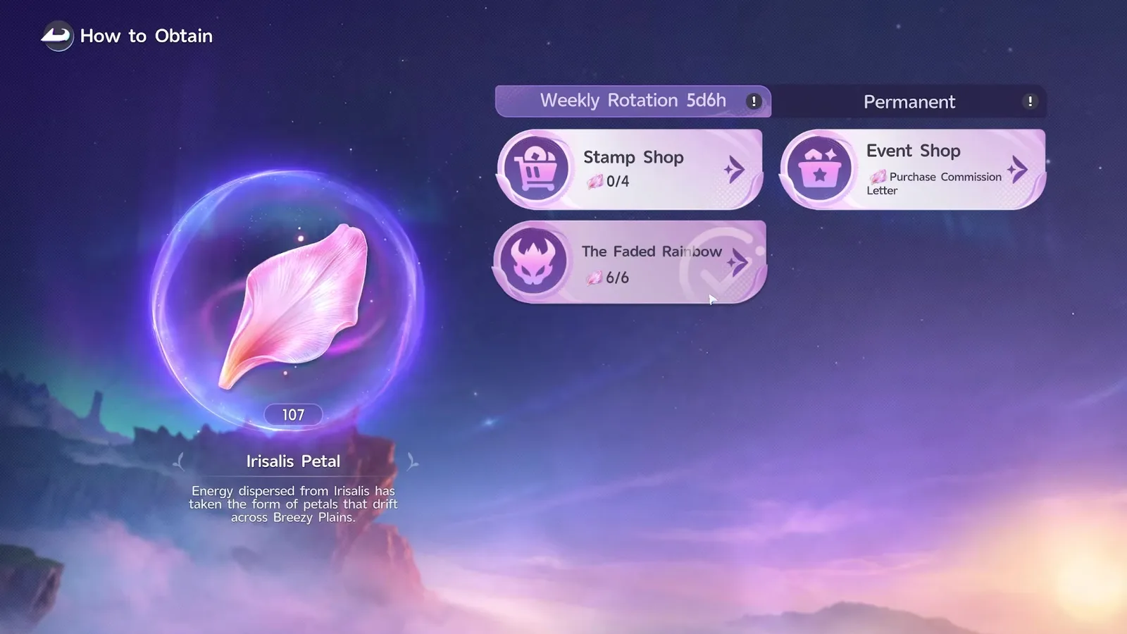 Aniimo How to Obtain, Weekly Rotation 5d6h: Stamp Shop 0/4, Event Shop letter and The Faded Rainbow 6/6, with 107 Irisalis Petals held