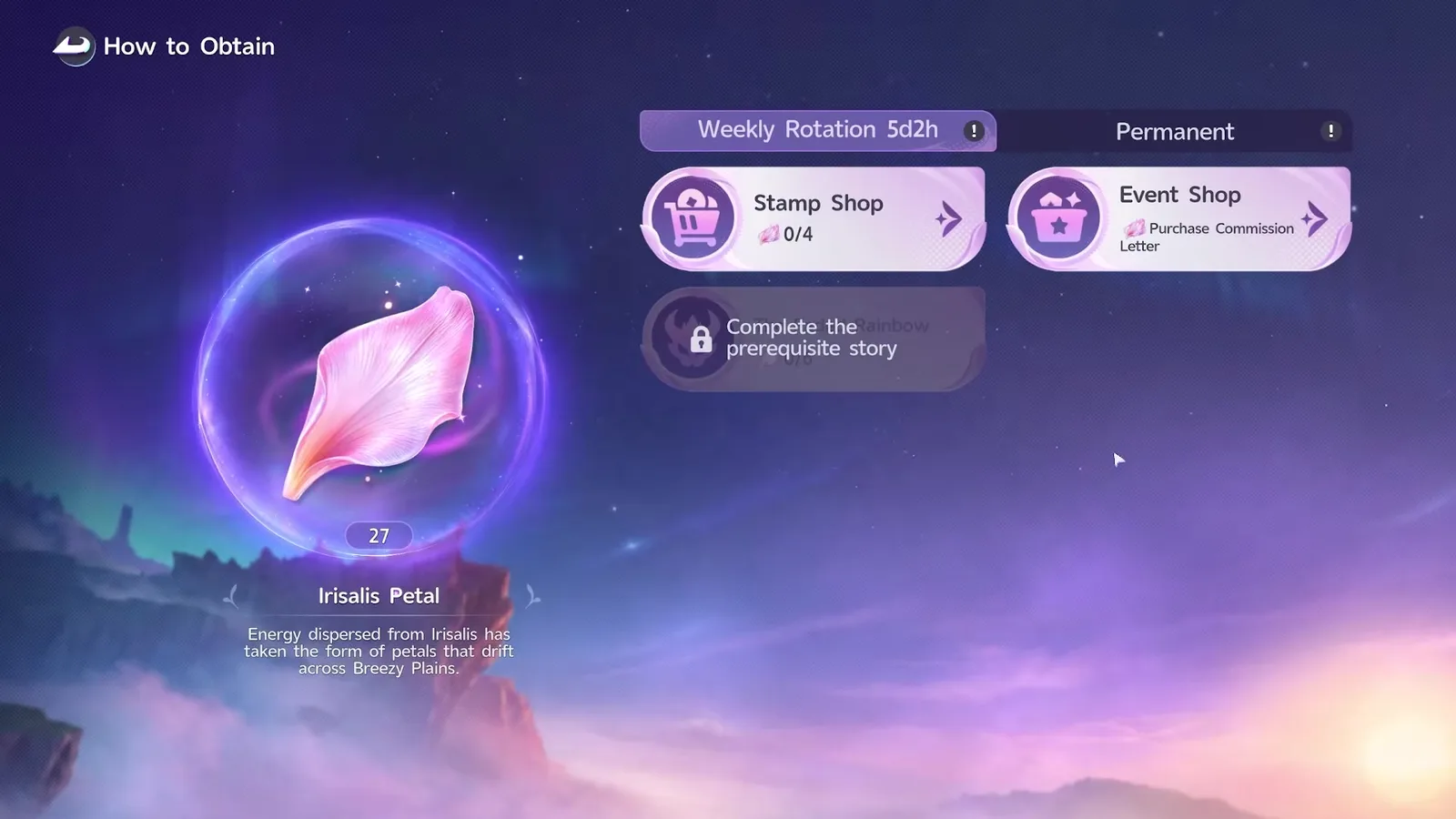 Aniimo How to Obtain, Weekly Rotation tab at 5d2h: Stamp Shop 0/4, Event Shop Purchase Commission Letter, and a third row locked behind Complete the prerequisite story