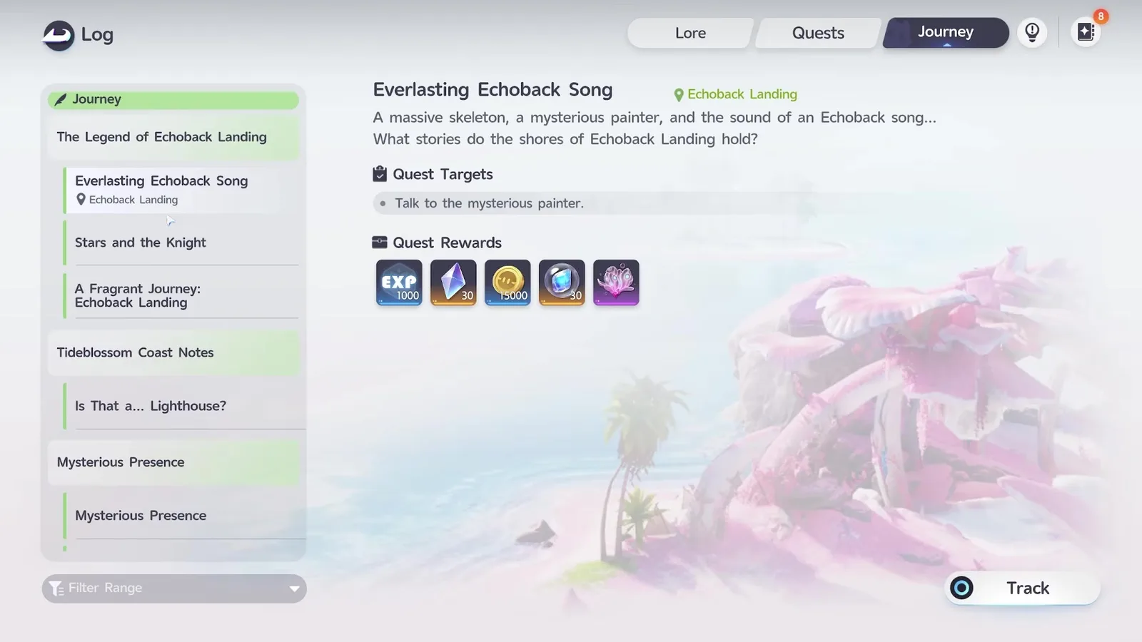 Aniimo Log, Journey tab: The Legend of Echoback Landing with the quest Everlasting Echoback Song, Talk to the mysterious painter, rewards without a petal