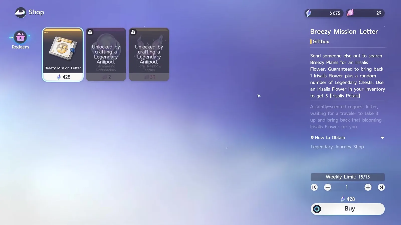 Aniimo Legendary Journey shop: Breezy Mission Letter giftbox for 428, Weekly Limit 15/15, beside Glimmering Driftshadow and Floral Rainbow Feather locked until a Legendary Aniipod is crafted