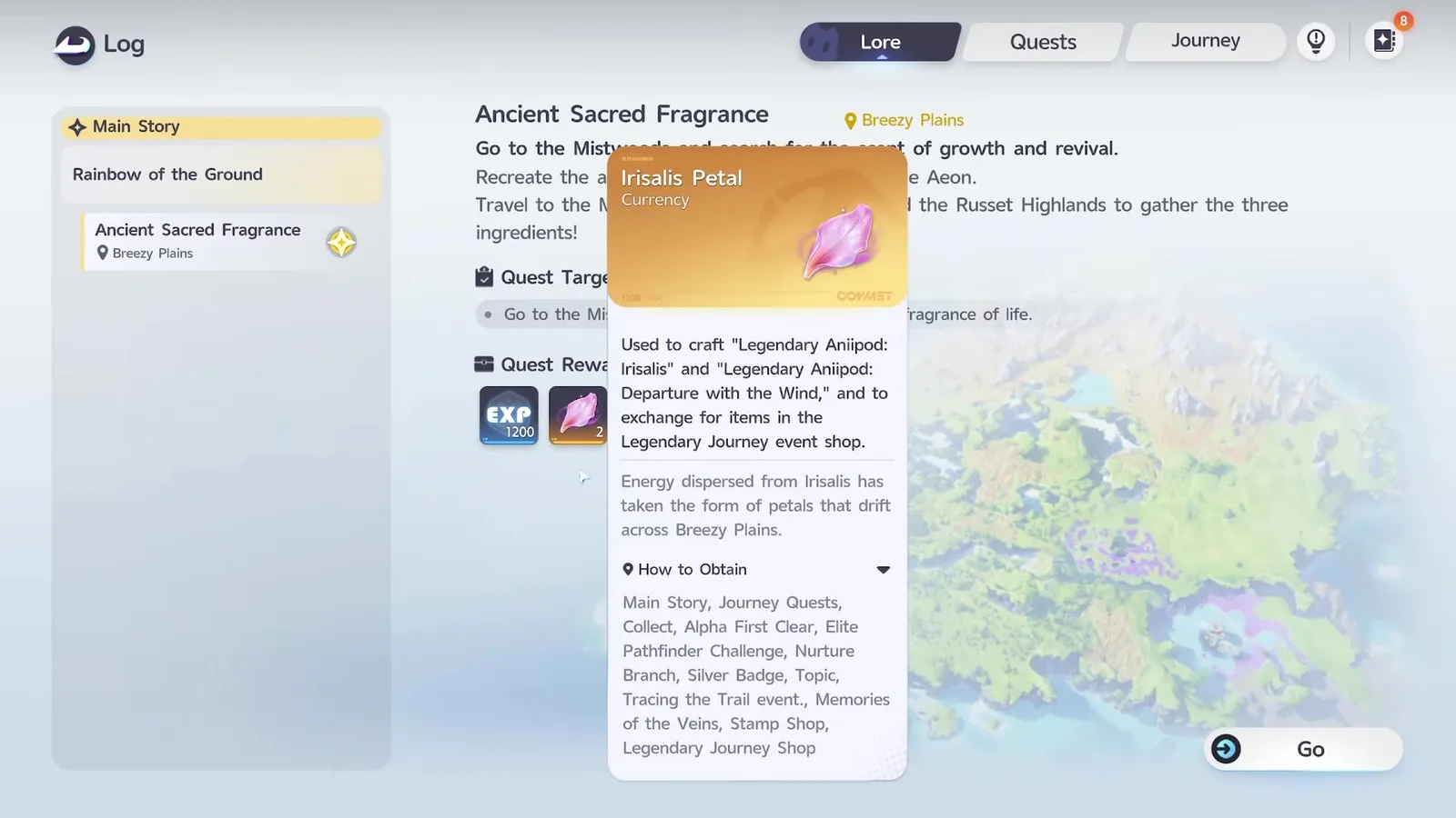 Aniimo story log for Ancient Sacred Fragrance in Breezy Plains, rewards 1200 EXP and 2 Irisalis Petals, with the petal tooltip listing every How to Obtain source