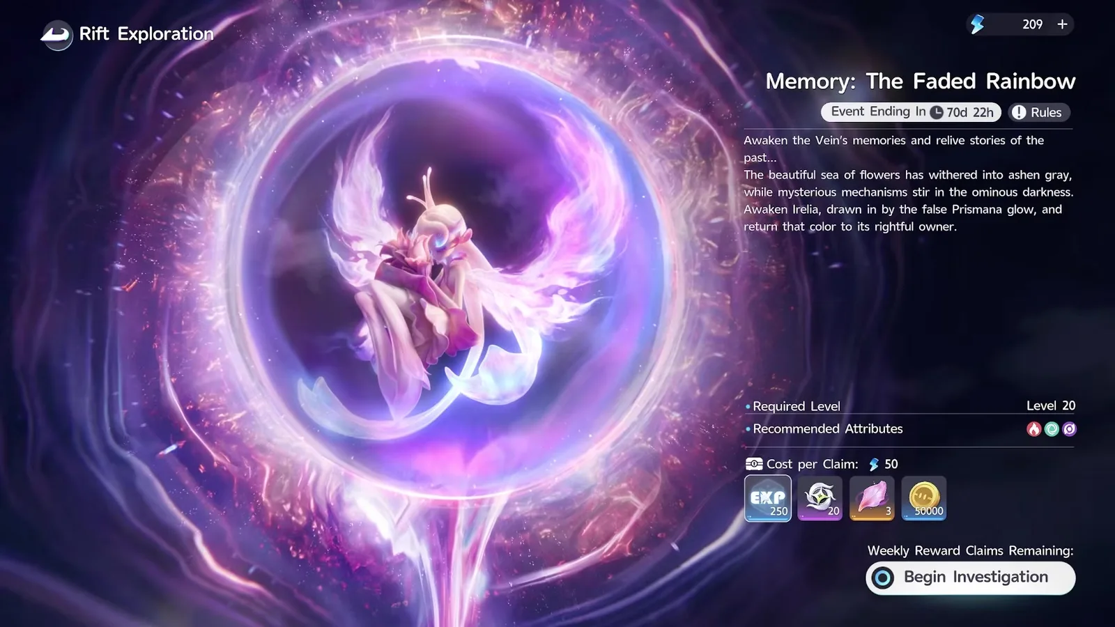 Aniimo Rift Exploration, Memory: The Faded Rainbow, Required Level 20, Cost per Claim 50 energy, rewards 250 EXP, 20 stamps, 3 Irisalis Petals and 50000 Credits