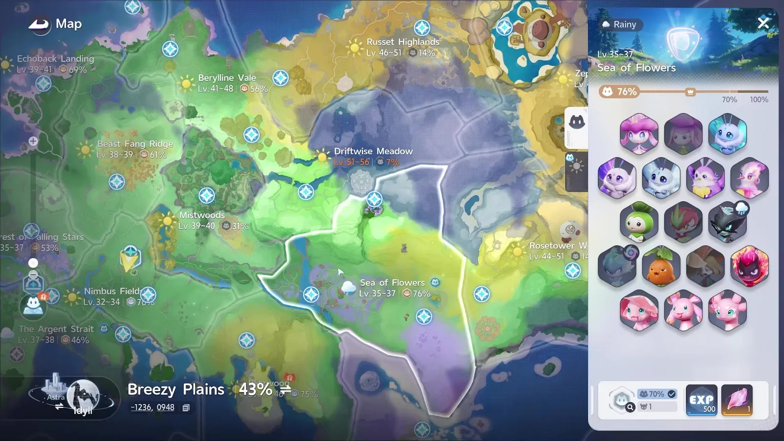 Aniimo map of Breezy Plains, Sea of Flowers selected at 76% collection, the 70% reward ticked: 500 EXP and 1 Irisalis Petal