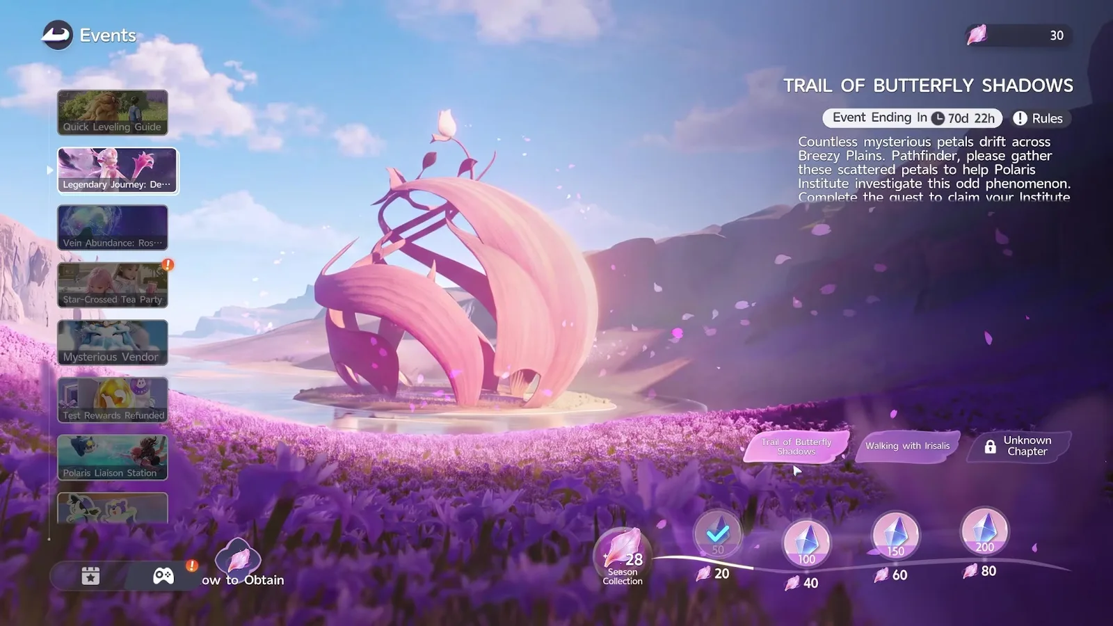 Aniimo Trail of Butterfly Shadows event screen, Event Ending In 70d 22h, Season Collection 28 with milestone rewards at 20, 40, 60 and 80 petals