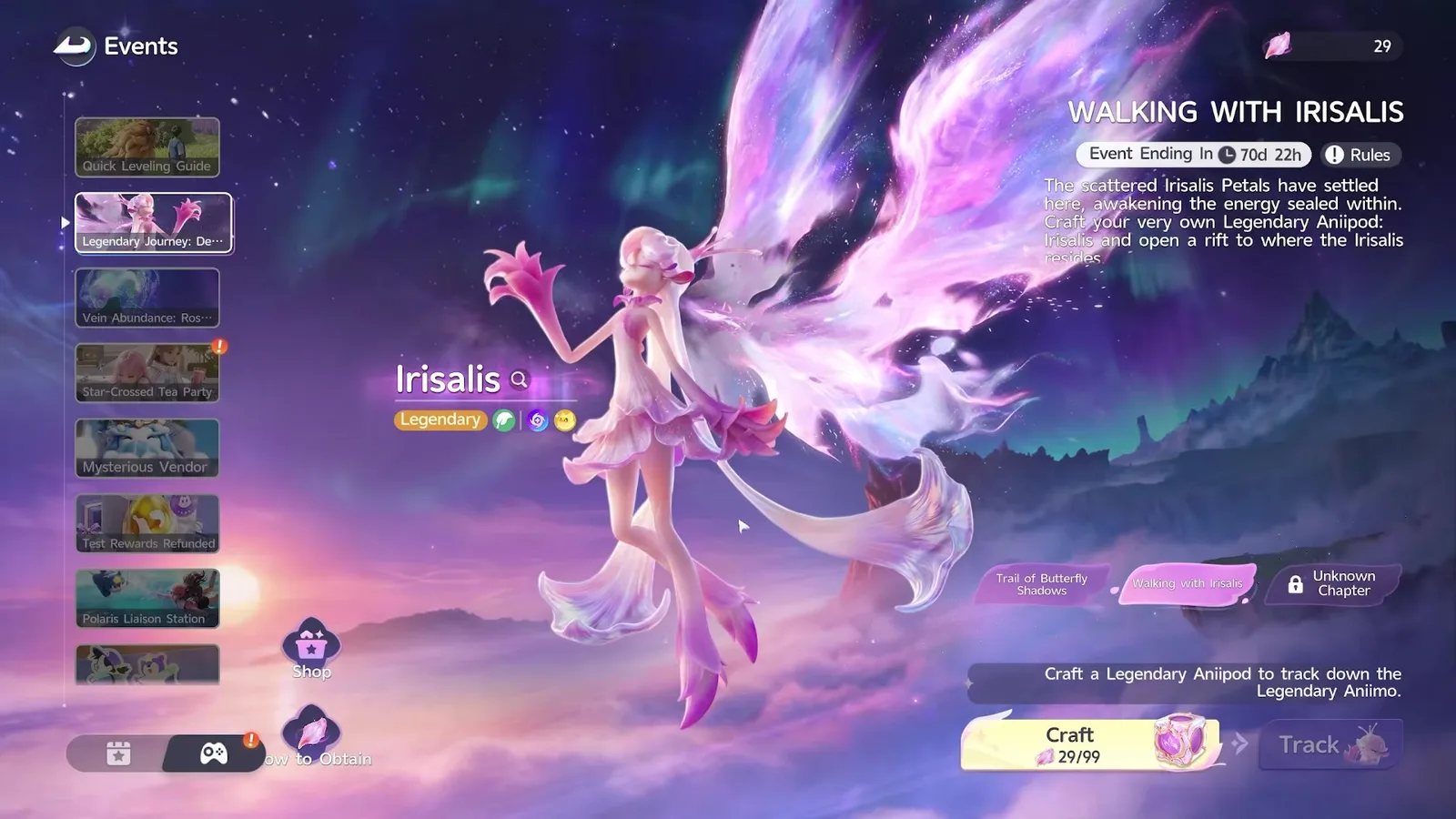 Aniimo Walking with Irisalis event screen, Irisalis tagged Legendary, the Craft button at 29/99 petals and the How to Obtain petal icon at the bottom left beside Shop