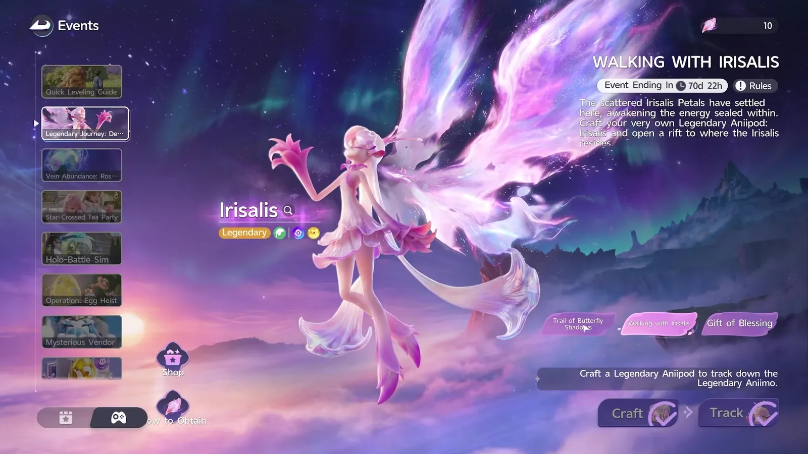 Aniimo Walking with Irisalis event screen, Irisalis tagged Legendary, Craft and Track both ticked, chapter tabs Trail of Butterfly Shadows, Walking with Irisalis, Gift of Blessing