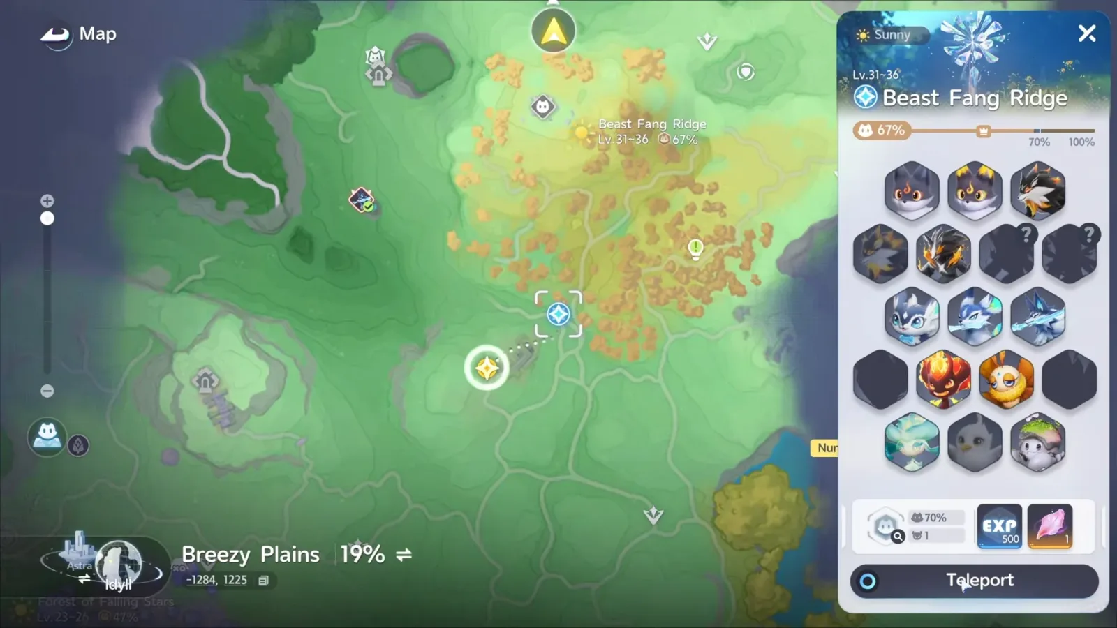 Aniimo map of Breezy Plains with the Beast Fang Ridge panel open, Sunny, Lv.31~36, 67 percent explored, its Aniimo roster and a Teleport button