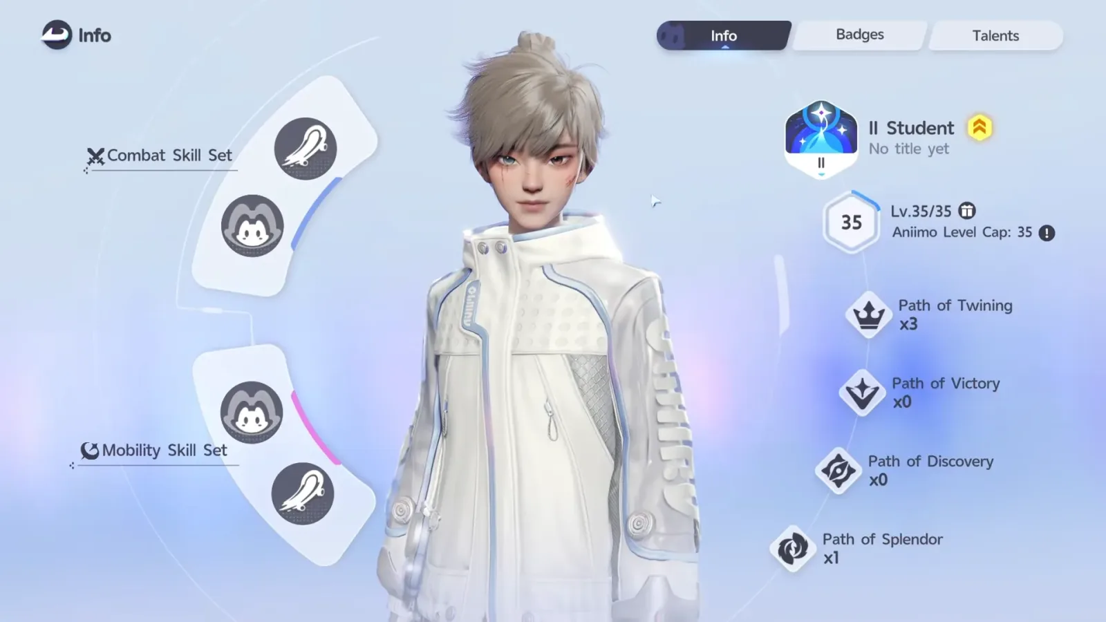Aniimo Character Info tab for MistaWigglez, title II Student, No title yet, level Lv.35/35 and Aniimo Level Cap: 35, beside the Path of Twining x3 counter