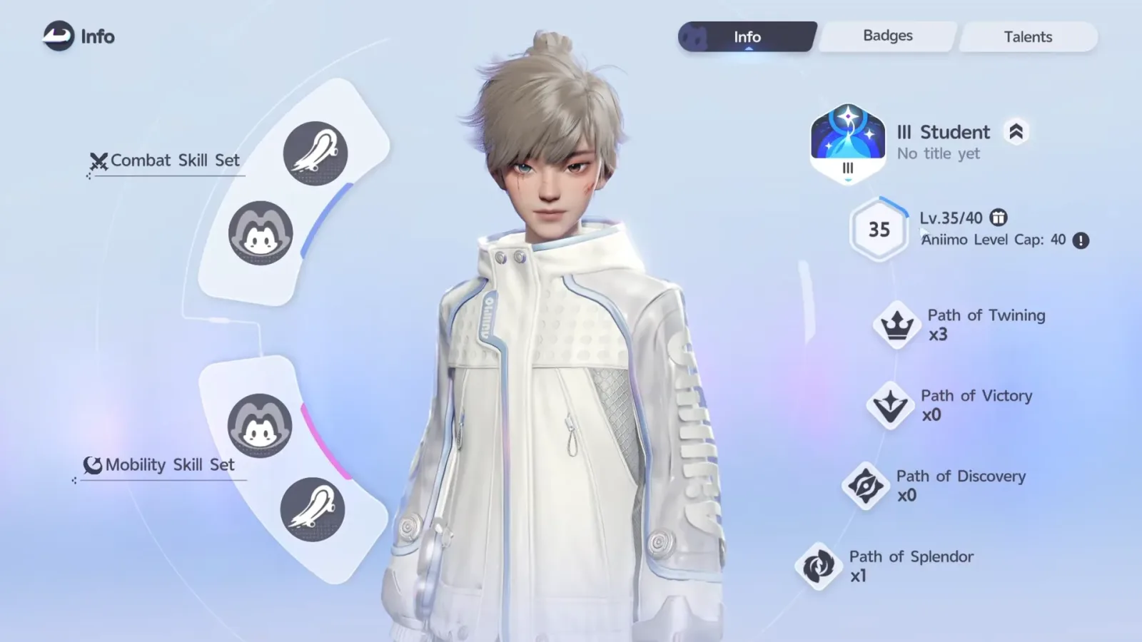 Aniimo Character Info tab after the promotion, title III Student, level Lv.35/40 and Aniimo Level Cap: 40, with the Path of Twining x3 counter below