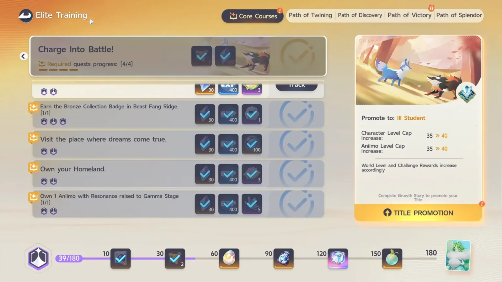 Aniimo Core Courses list for Charge Into Battle!, with the Bronze Collection Badge in Beast Fang Ridge, Own your Homeland and an Aniimo at Resonance Gamma Stage ticked