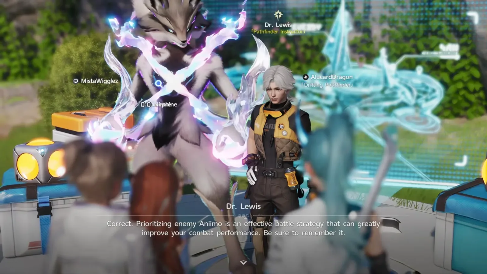 Aniimo Dr. Lewis, Pathfinder Instructor, confirming a quiz answer: Correct, prioritizing enemy Aniimo is an effective battle strategy, beside a large wolf Aniimo