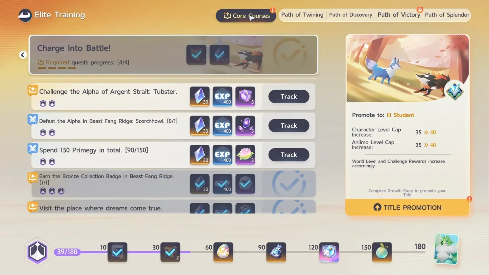 Aniimo Elite Training on Core Courses, Charge Into Battle! at 4/4 required quests, beside a Promote to III Student panel raising the Character and Aniimo Level Cap from 35 to 40