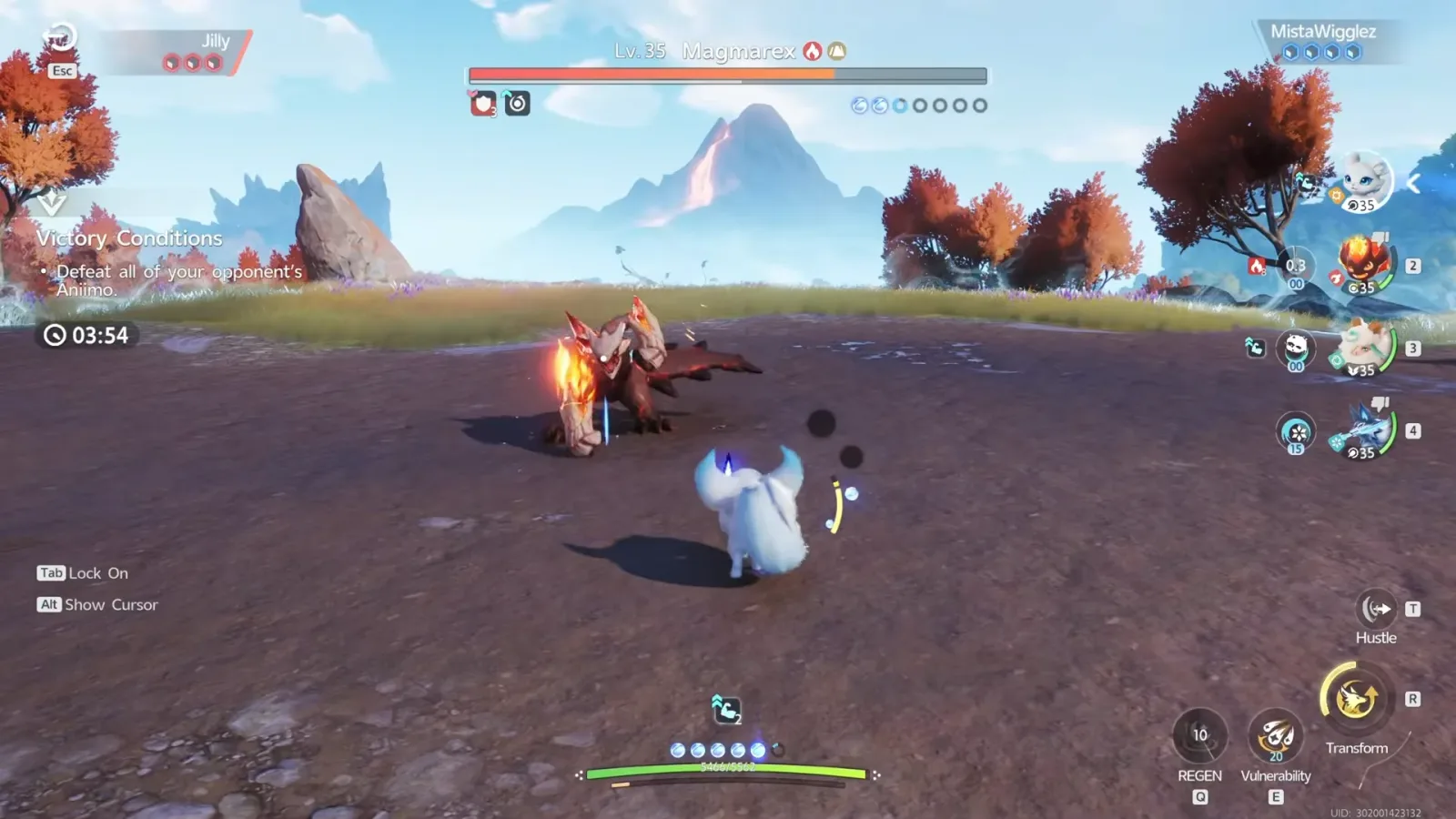 Aniimo promotion battle against Jilly, her Lv.35 Magmarex with Fire and Earth icons facing a white Aniimo, Victory Conditions to defeat all opponent Aniimo, 03:54 left