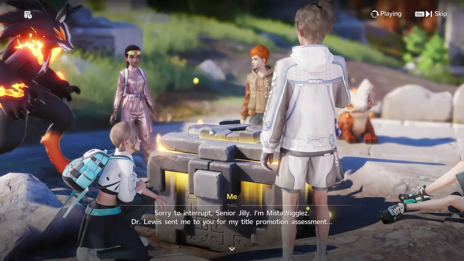 Aniimo cutscene at Beast Fang Ridge, MistaWigglez telling Senior Jilly that Dr. Lewis sent him for his title promotion assessment, with a Fire Aniimo behind