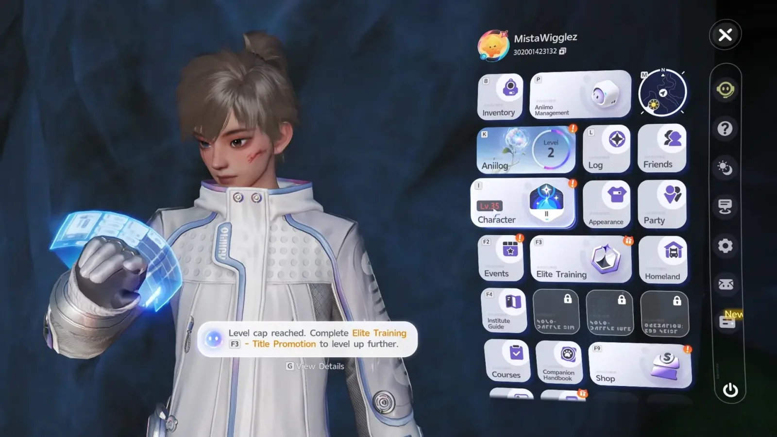 Aniimo main menu with the Character tile at Lv.35 in red and a toast reading Level cap reached, Complete Elite Training F3 Title Promotion to level up further
