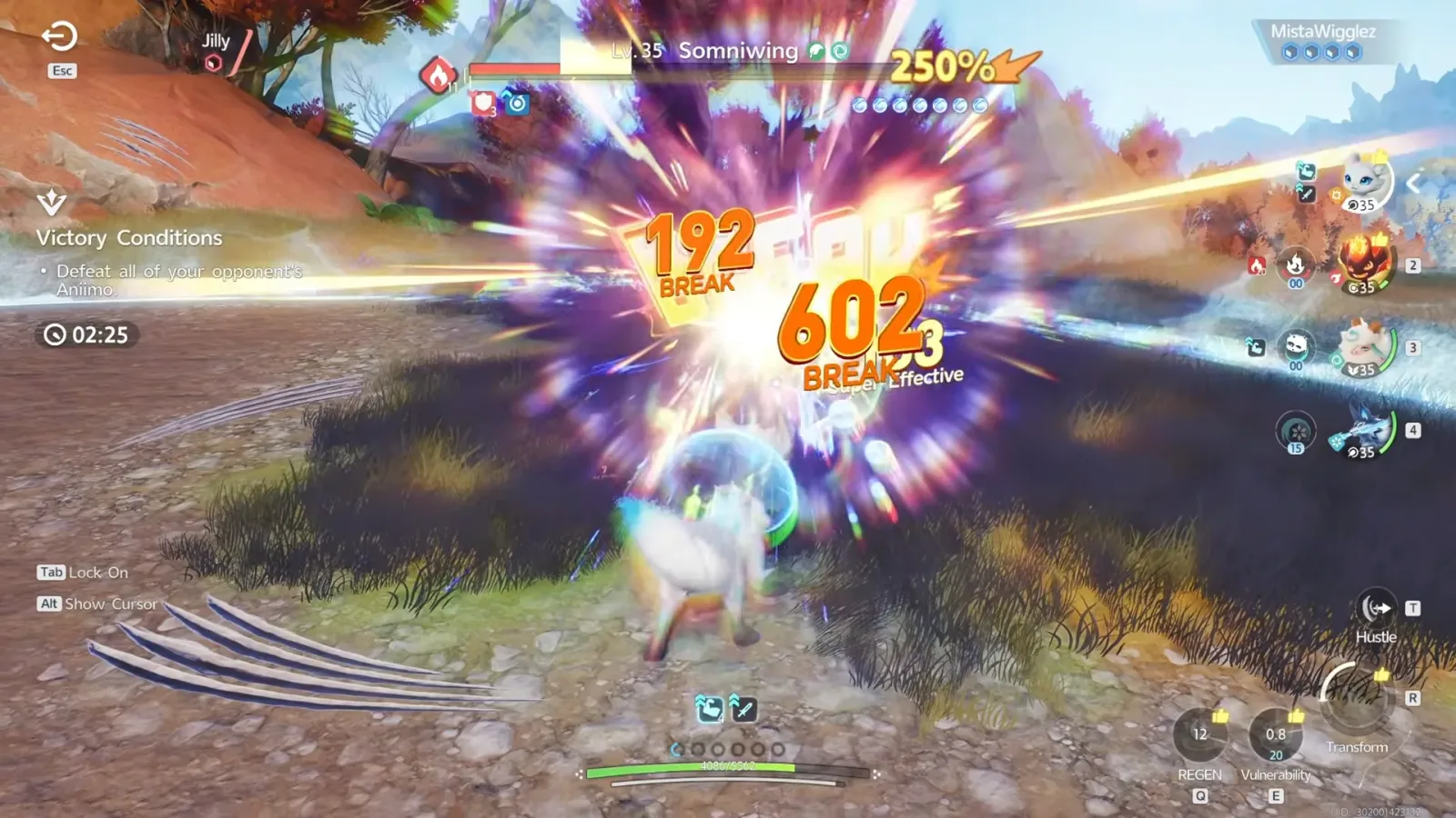 Aniimo battle against Jilly’s Lv.35 Somniwing, a 602 BREAK hit and a 250 percent multiplier bursting over it, with thumbs up icons on the squad bar