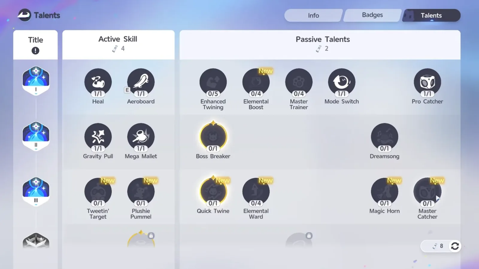 Aniimo Talents tab after the Student III promotion, Tweetin’ Target, Plushie Pummel, Quick Twine, Elemental Ward, Magic Horn and Master Catcher tagged New, 8 Report Cards left