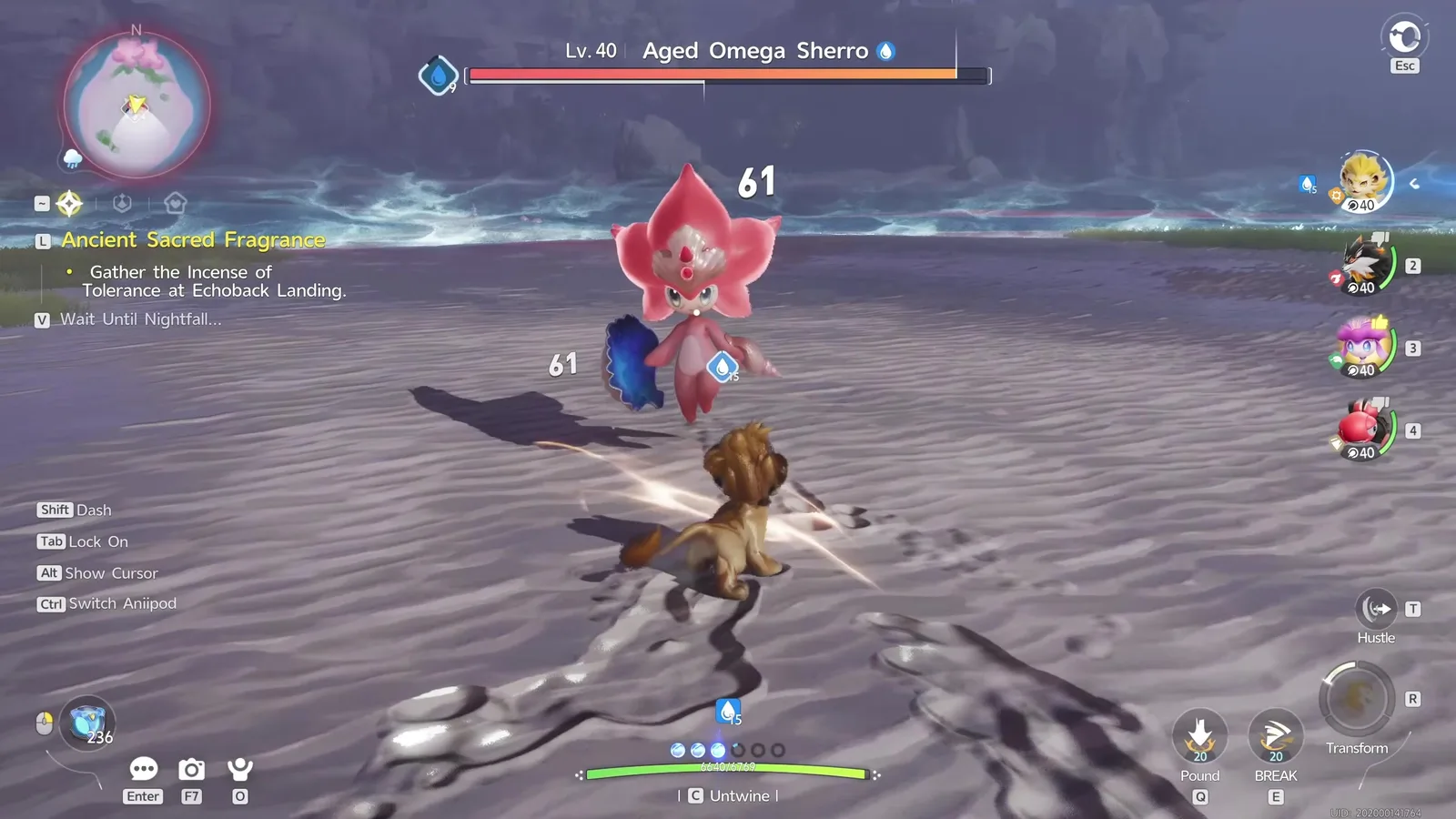 A Lv.40 Aged Omega Sherro boss fight in Aniimo on a wet shoreline at dusk, its Water element marked beside the health bar, with the Ancient Sacred Fragrance quest tracked on the left