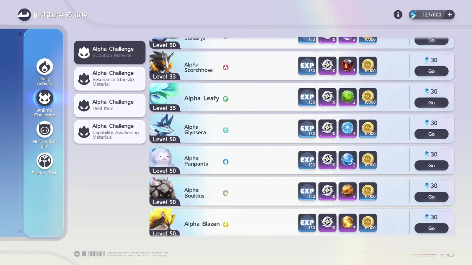 Aniimo’s Alpha Challenge list, with Alpha Scorchhowl, Leafy, Glynsera, Panpanta and Blazen each paying 150 EXP and 10,000 Credits for 30 energy, under a 127 of 600 energy bar