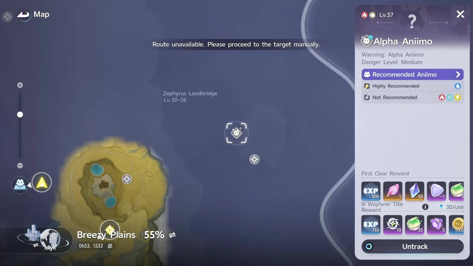 An Aniimo map panel tracking an Alpha Aniimo at Lv.57 on Zephyrus Landbridge, with a First Clear Reward of 500 EXP above a repeat reward of 150 EXP at 30 energy per use