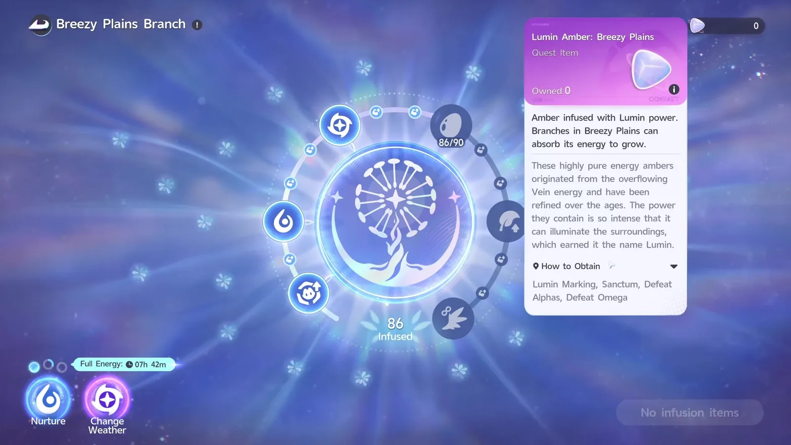 The Breezy Plains Branch screen in Aniimo at 86 of 90 infused, its Lumin Amber tooltip listing Lumin Marking, Sanctum, Defeat Alphas and Defeat Omega as the ways to obtain it
