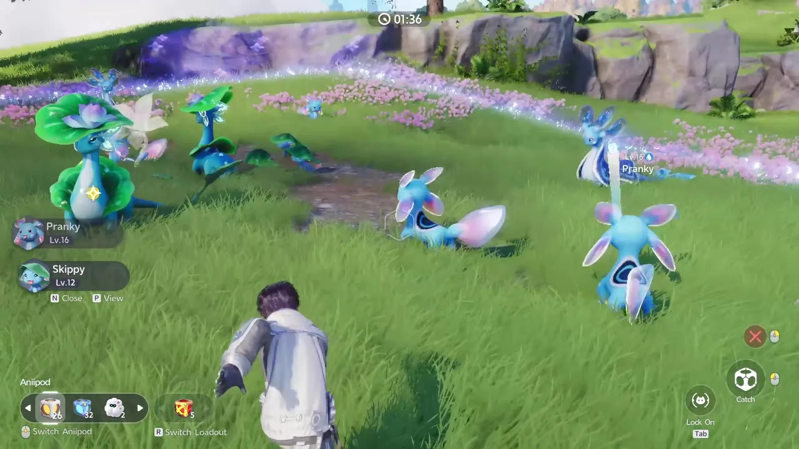 Catching in Aniimo during a group appearance, with Skippy at Lv.12 and Pranky at Lv.16 named on screen, the Aniipod loadout showing 26 and 32 pods and a Catch prompt