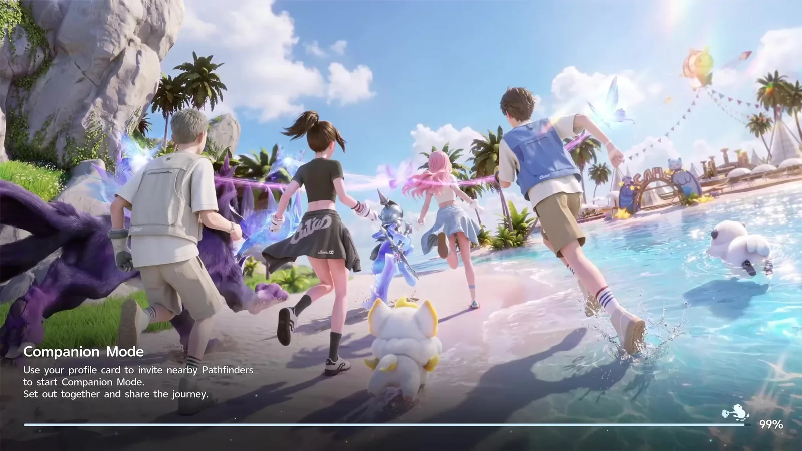 An Aniimo loading screen for Companion Mode showing four Pathfinders running along a beach with their Aniimo, captioned invite nearby Pathfinders and share the journey