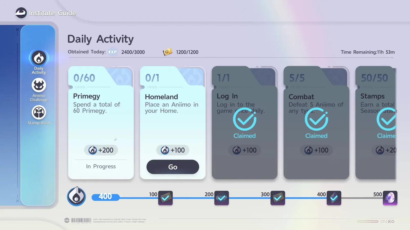 Aniimo’s Daily Activity tab after claiming, reading Obtained Today 2400 of 3000 EXP and 1200 of 1200 Credits, with the Log In, Combat and Stamps cards marked Claimed and the points bar at 400