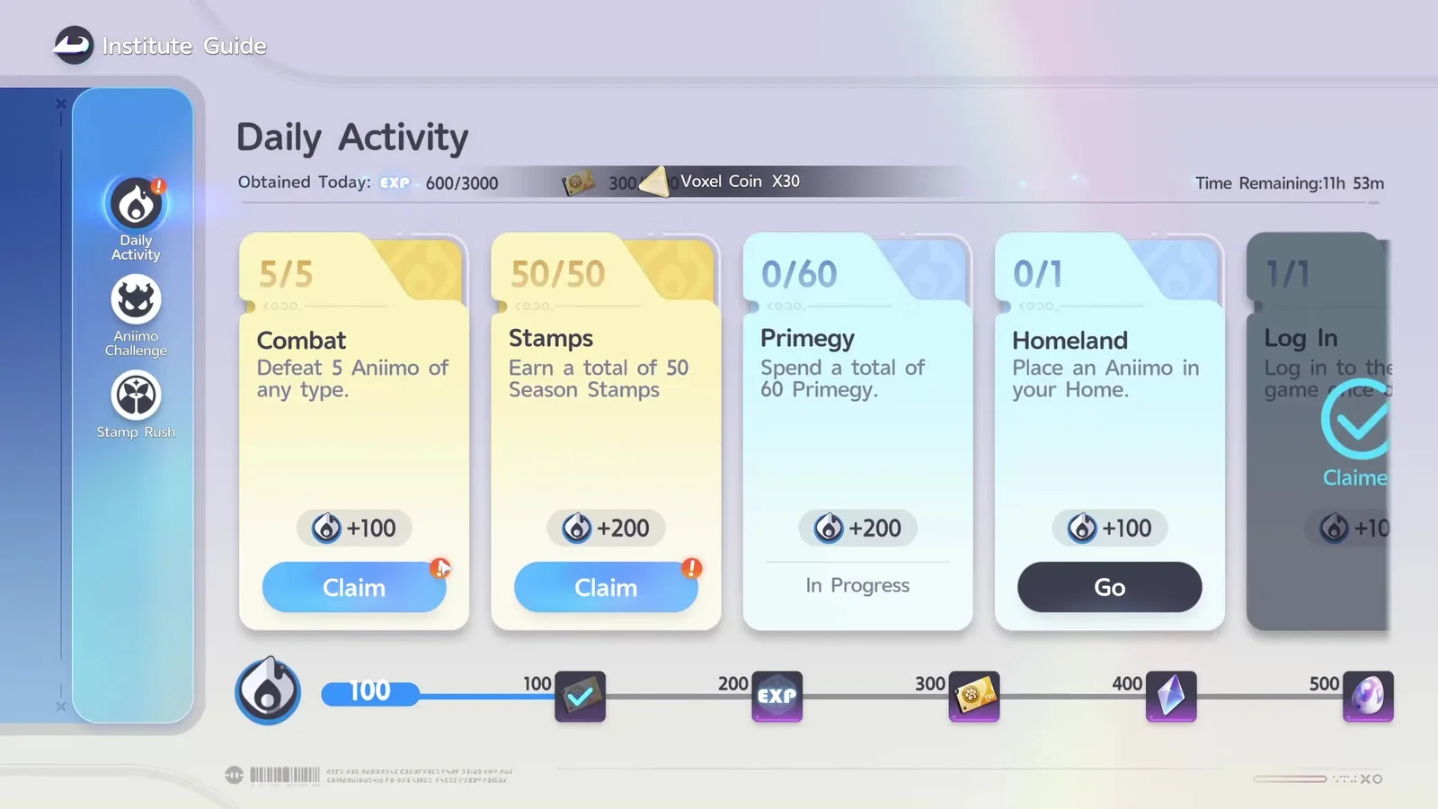 Aniimo’s Daily Activity tab reading Obtained Today 600 of 3000 EXP, with five cards for Combat, Stamps, Primegy, Homeland and Log In worth 100 or 200 points each above a 500 point reward track