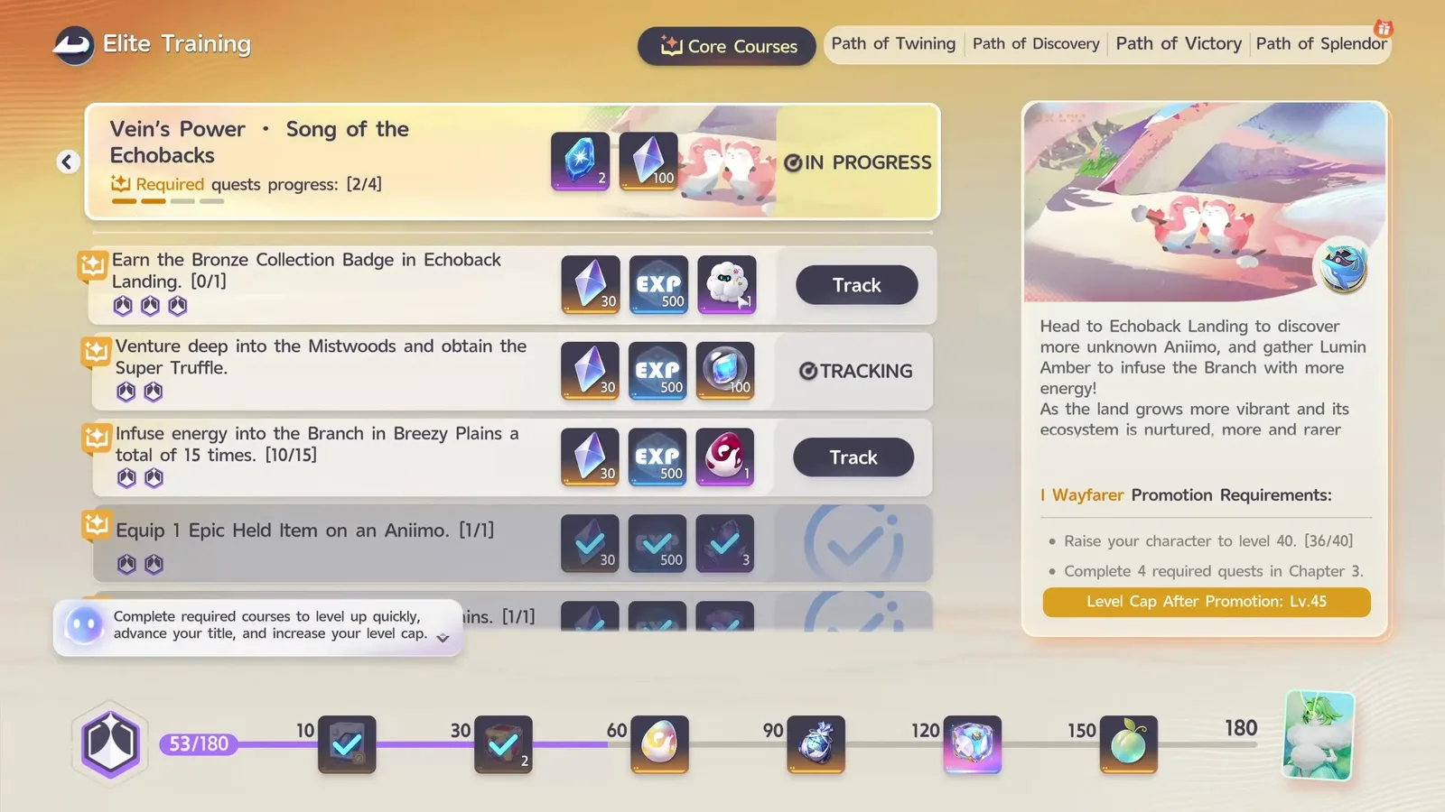 Aniimo’s Elite Training on Core Courses Chapter 3, its quests each paying 500 EXP beside an I Wayfarer Promotion panel reading level 40 and Level Cap After Promotion Lv.45