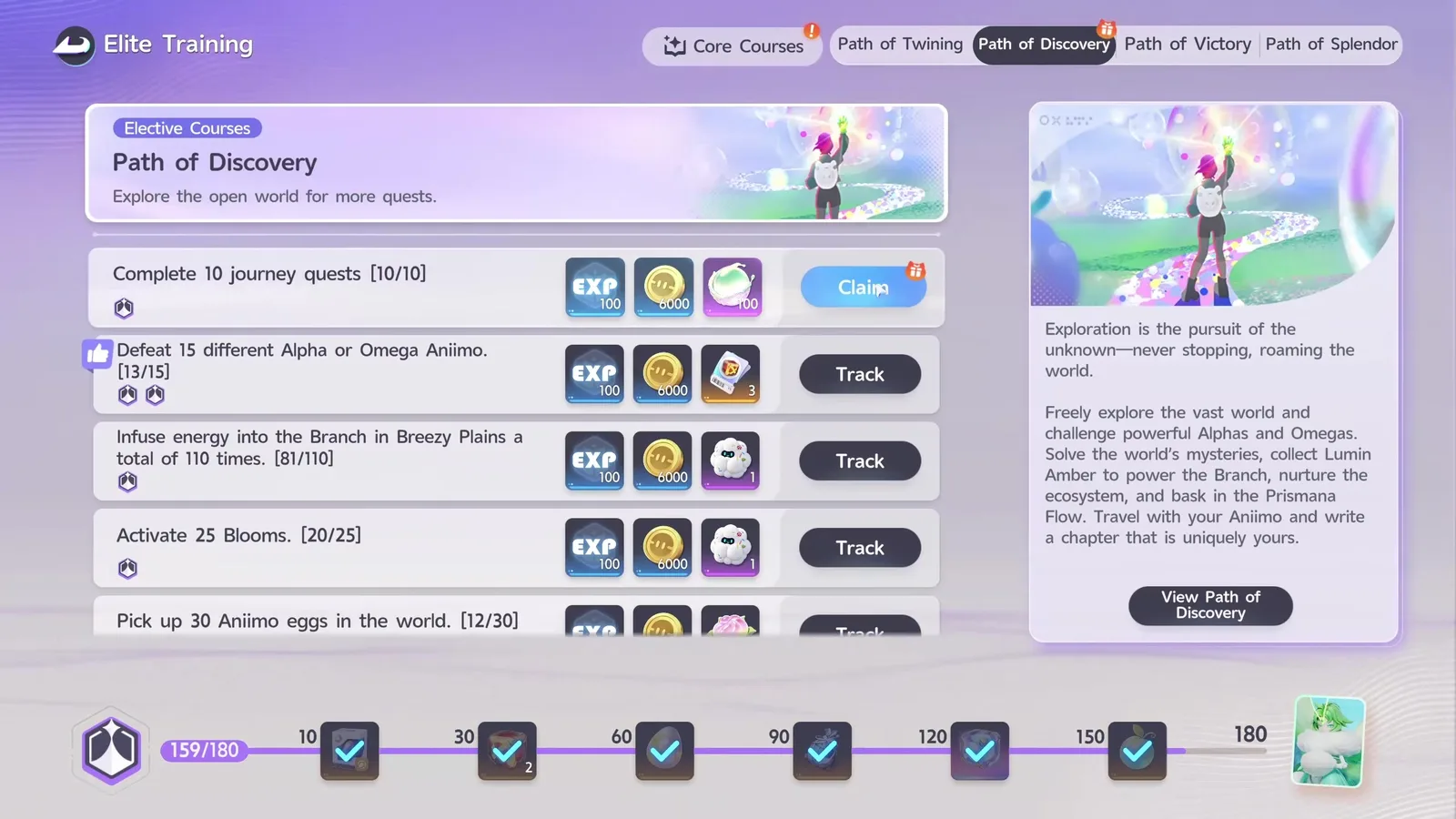 Aniimo’s Elite Training Path of Discovery tab, its objectives to complete 10 journey quests and defeat 15 different Alpha or Omega Aniimo each paying 100 EXP and 6,000 Credits