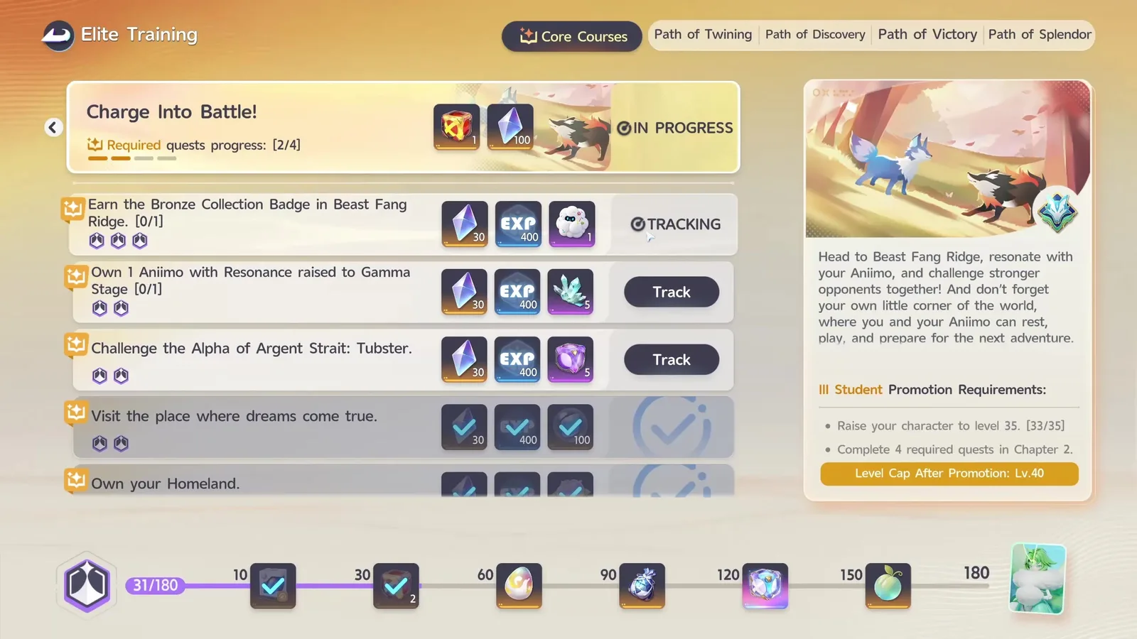 Aniimo’s Elite Training Core Courses Chapter 2, Charge Into Battle, with quests paying 400 EXP each and a III Student Promotion Requirements panel reading level 35 and Level Cap After Promotion Lv.40