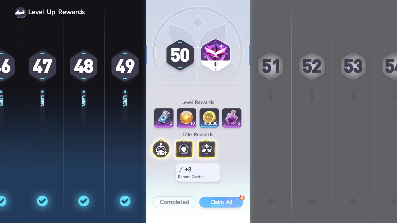 Aniimo’s Level Up Rewards screen with the level 50 rung open beside the Wayfarer III title emblem, showing Level Rewards, Title Rewards and plus 8 Report Cards above a Claim All button
