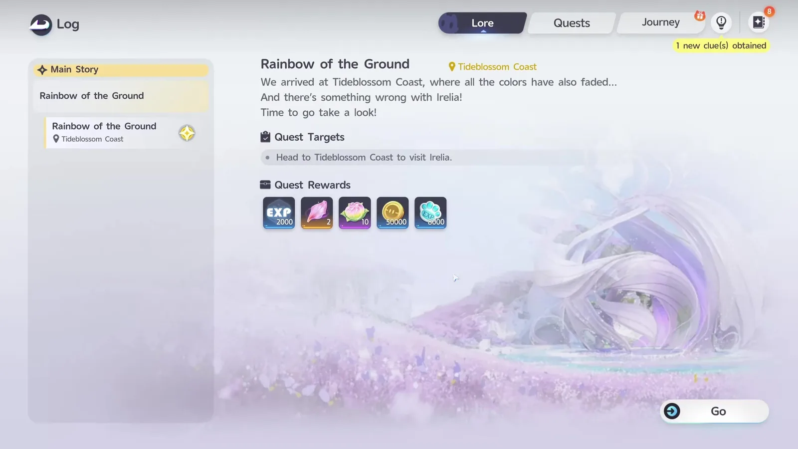 The Aniimo Log on the Lore tab showing the main story quest Rainbow of the Ground in Tideblossom Coast with Quest Rewards of 2,000 EXP, 50,000 Credits and 8,000 Aniimo EXP