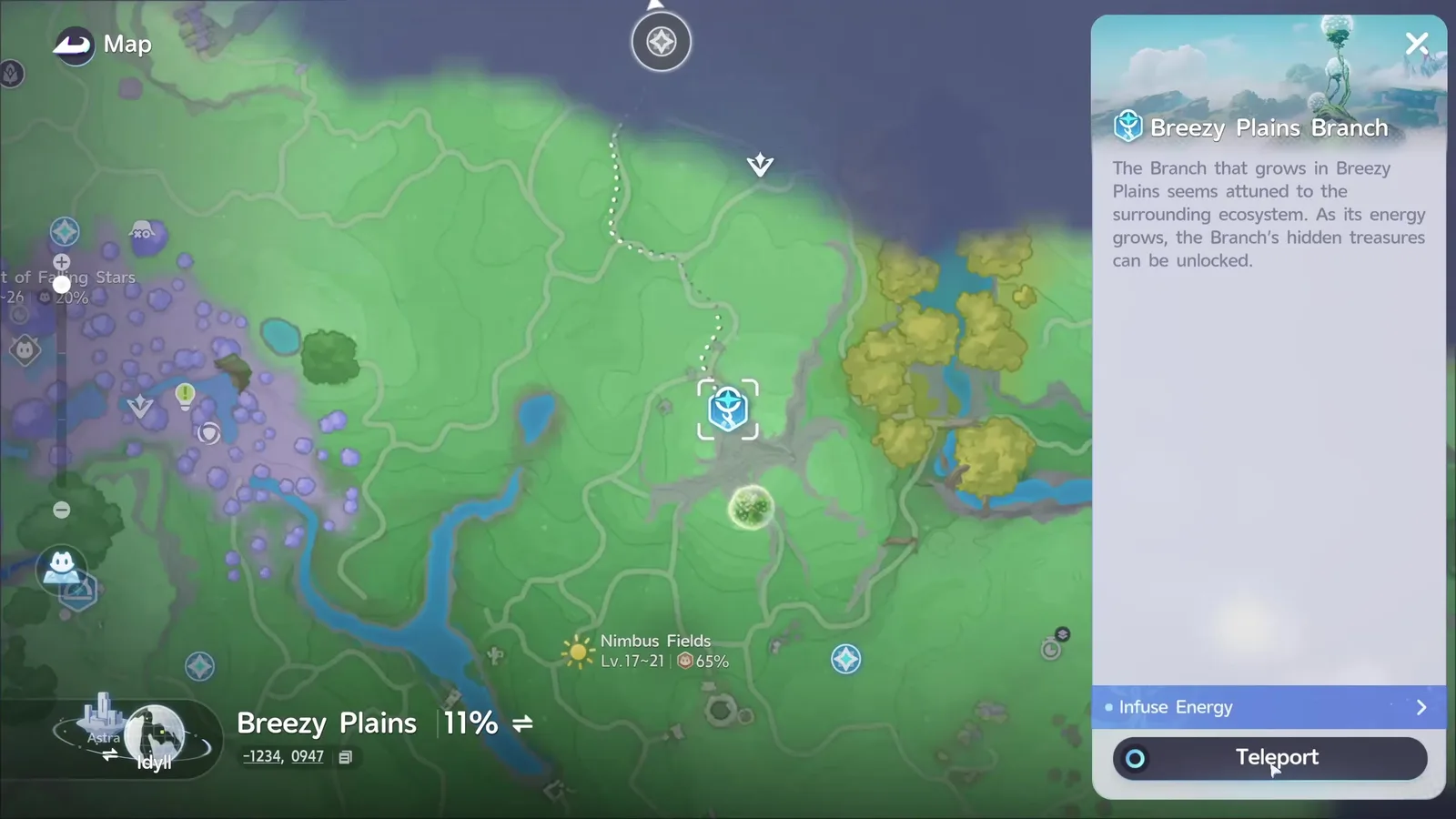 The Aniimo world map open on Breezy Plains at 11 per cent, with Nimbus Fields marked Lv.17 to 21 at 65 per cent and a Branch pin offering Infuse Energy and Teleport