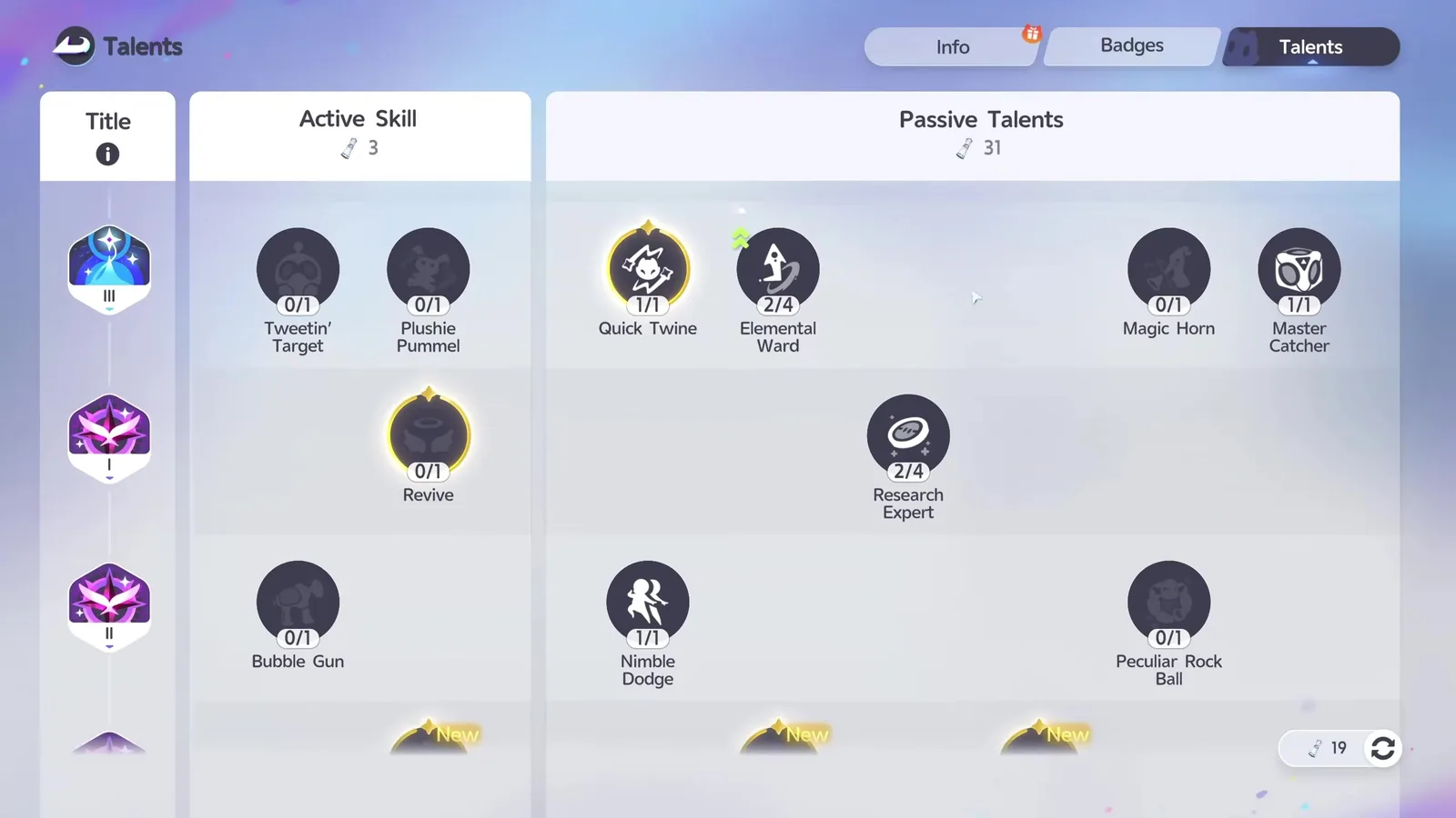 The Aniimo Pathfinder Talents screen after a promotion, with Active Skills such as Revive beside Passive Talents including Quick Twine, Master Catcher and Research Expert
