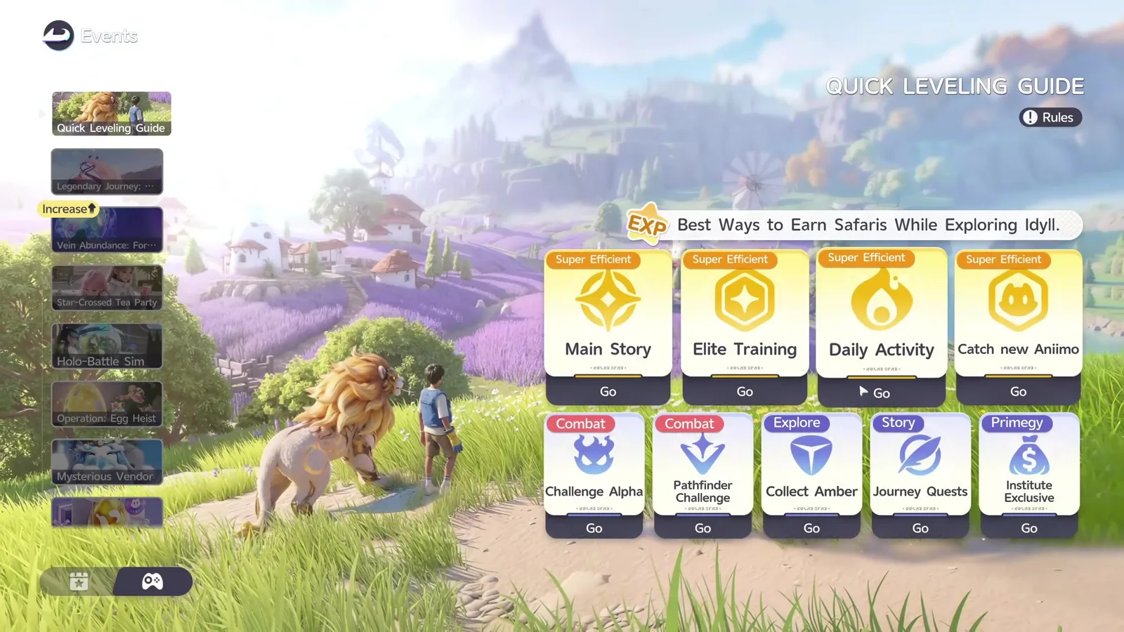 Aniimo’s Quick Leveling Guide panel headed Best Ways to Earn Safaris While Exploring Idyll, with Main Story, Elite Training, Daily Activity and Catch new Aniimo tagged Super Efficient